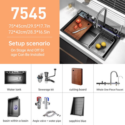 26.7×17.7-inch Black Freestanding Kitchen Sink with Honeycomb Surface, 3-Setting Pull-Down Faucet, Accessories for Glass Rack Soap Dispenser Cutting Board, Modern Minimalist Design Easy Installation Suitable for Countertop a