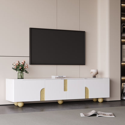 White TV Cabinet 180cm | Four-Door Design, Elegant Silhouette, Marble-Effect Textured Surface, Spherical Wooden Base, Metal Material