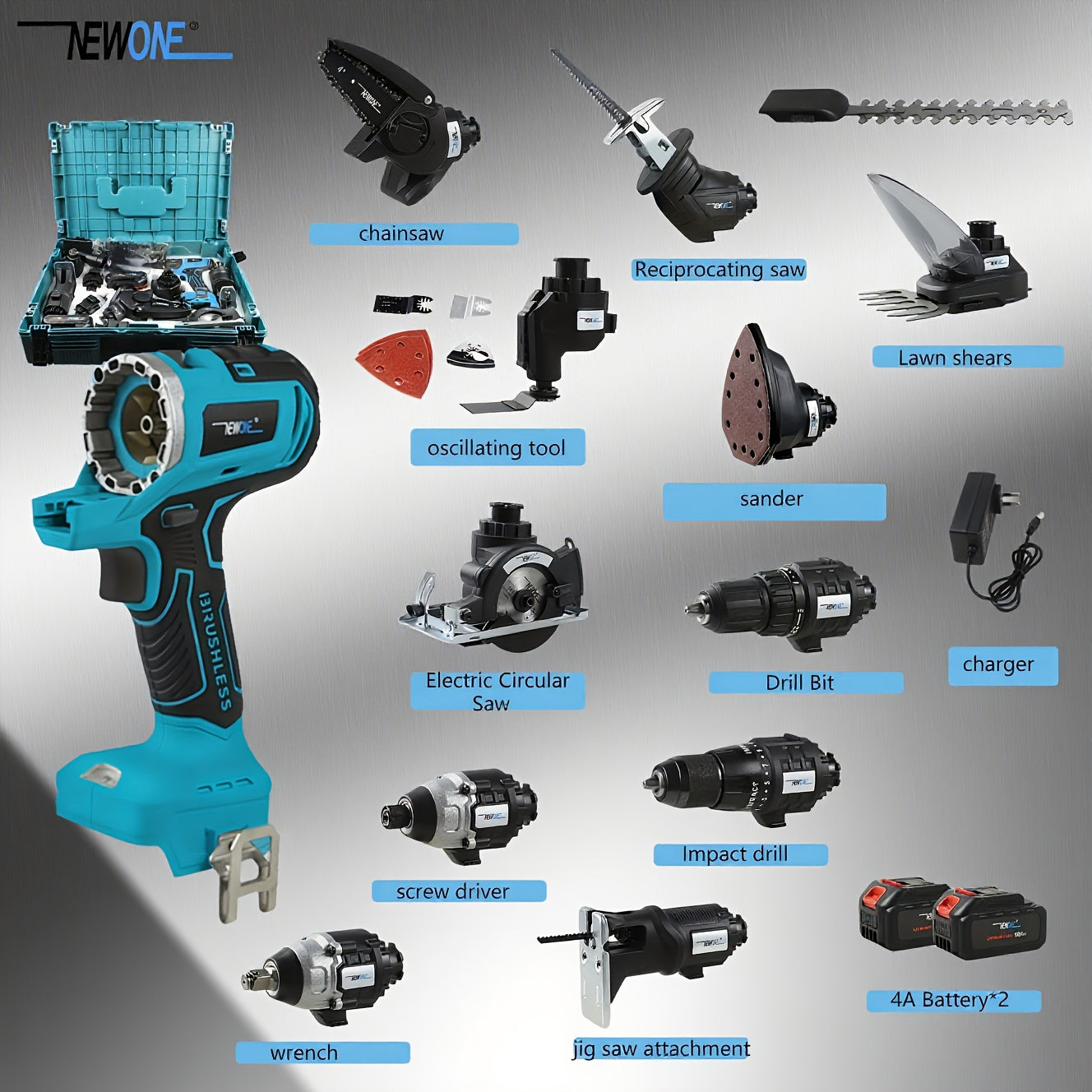 18V Multifunctionele Accuset – 12-in-1 Klusset – Accuboormachine – Slagboormachine – Multitool – Cirkelzaag – Brushless Motor – 4000mAh Lithium-Ion Batterij