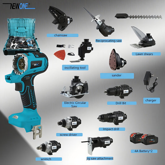 18V Multifunctionele Accuset – 12-in-1 Klusset – Accuboormachine – Slagboormachine – Multitool – Cirkelzaag – Brushless Motor – 4000mAh Lithium-Ion Batterij