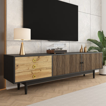 Tv-Kast – Tv-Meubel – Lowboard – Mediameubel – Tv-Dressoir – Zwart Met Houtlook – Golvend Design – 180x38x50 CM – Ruime Opbergruimte – Stevige Constructie