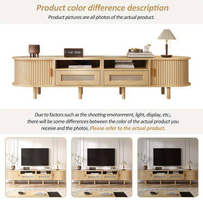 Tv-Meubel – Tv-Kast – Tv-Tafel – Dressoir – Media-Kast – Ovaal Design – 170x40x40 cm – 2 Rieten Lades & 2 Schuifdeuren – Geschikt Voor Tv Tot 70 Inch – Lichtgewicht Houtkleur