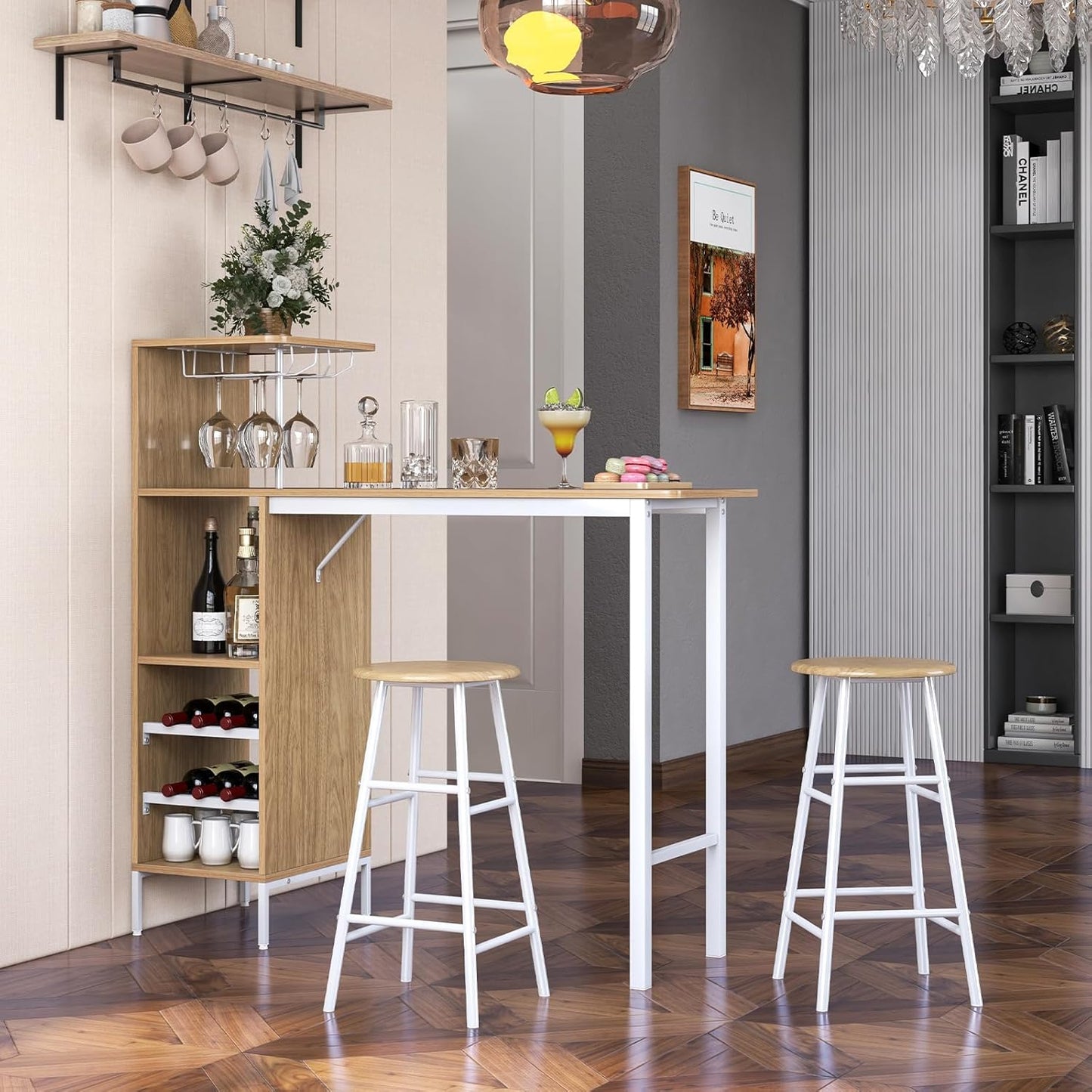 Bartafelset – Barkrukken – Barset – Keukentafel – Bistroset – Met Wijnrek en Glazenhouder – Compact Natuurlijke Kleur – MDF Tafelblad Met Metalen Frame
