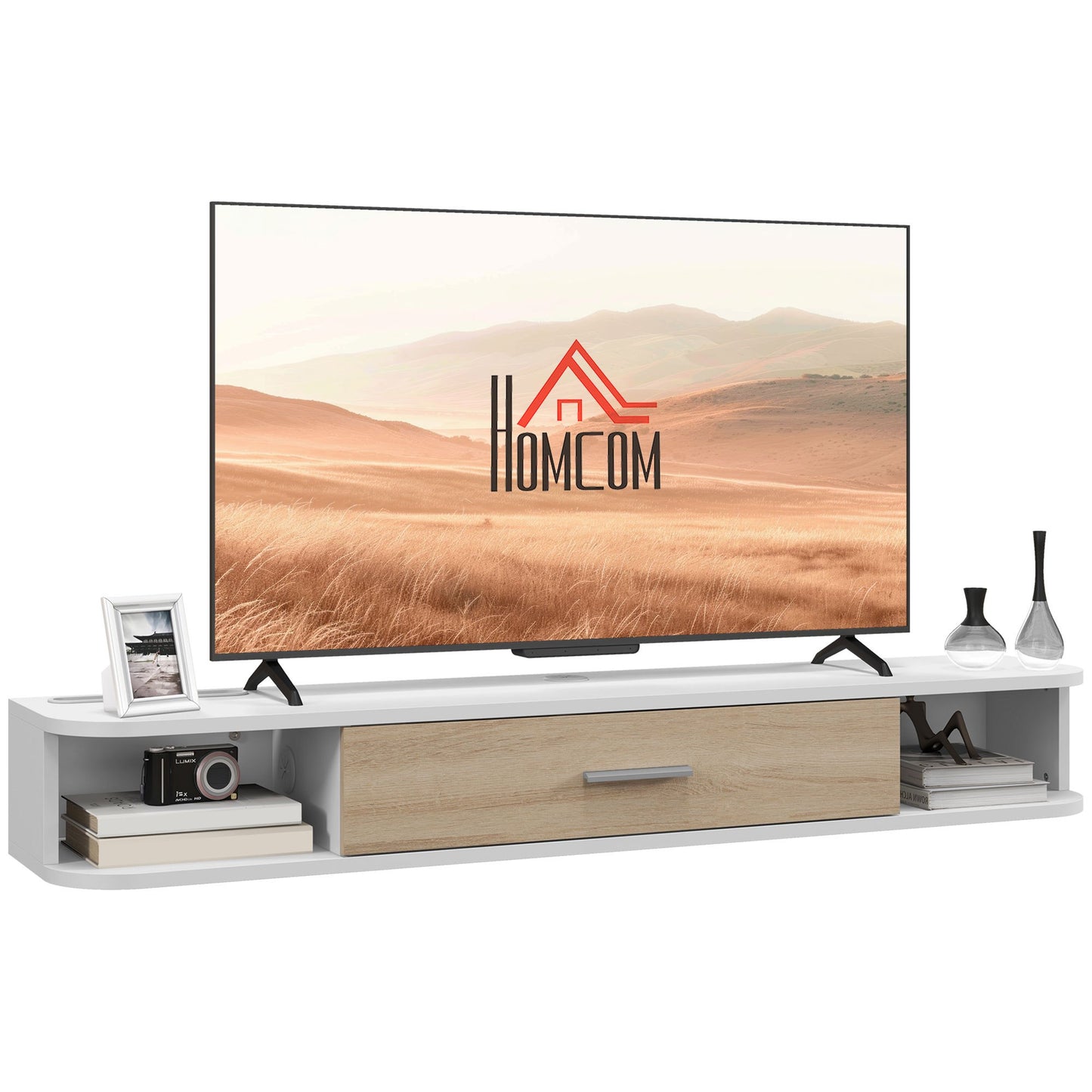 TV Meubel Wandmontage – TV Plank – Wandrek – TV Kast – Opbergmeubel – Wit – Voor TV Tot 50 Inch – Melamine Spaanplaat – Kabeldoorvoer
