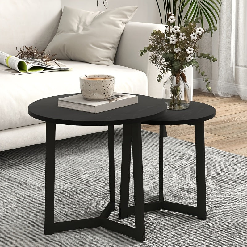Expandable Stackable 2pcs Round Coffee Table & Side Table Set - Space-Saving Modern Sofa Table for Small Spaces, Expandable Table Suitable for Living Room, Bedroom, Compact Apartments - Assembly, Black Furniture