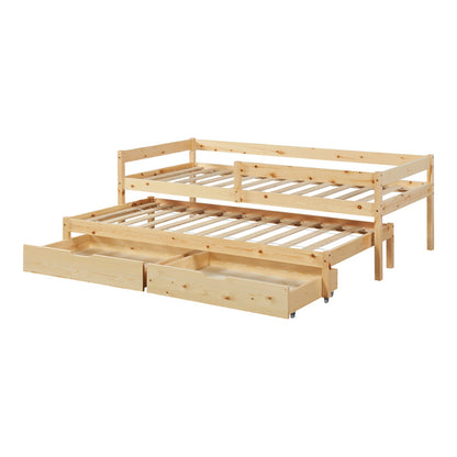 Dubbel Kinderbed – Stapelbed – Uitschuifbaar Bed – Kinderbed Met Laden – Bed Met Opbergruimte – 90x200 cm – Massief Dennenhout Natuurlijk