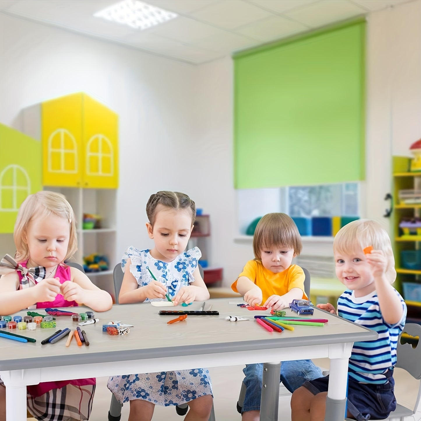 Kinderstoel – Kinderzetel – Peuterstoel – Meegroeistoel – Speelstoel – In hoogte verstelbaar – Duurzaam PE-plastic – Gele kindertafel met 6 stoelen