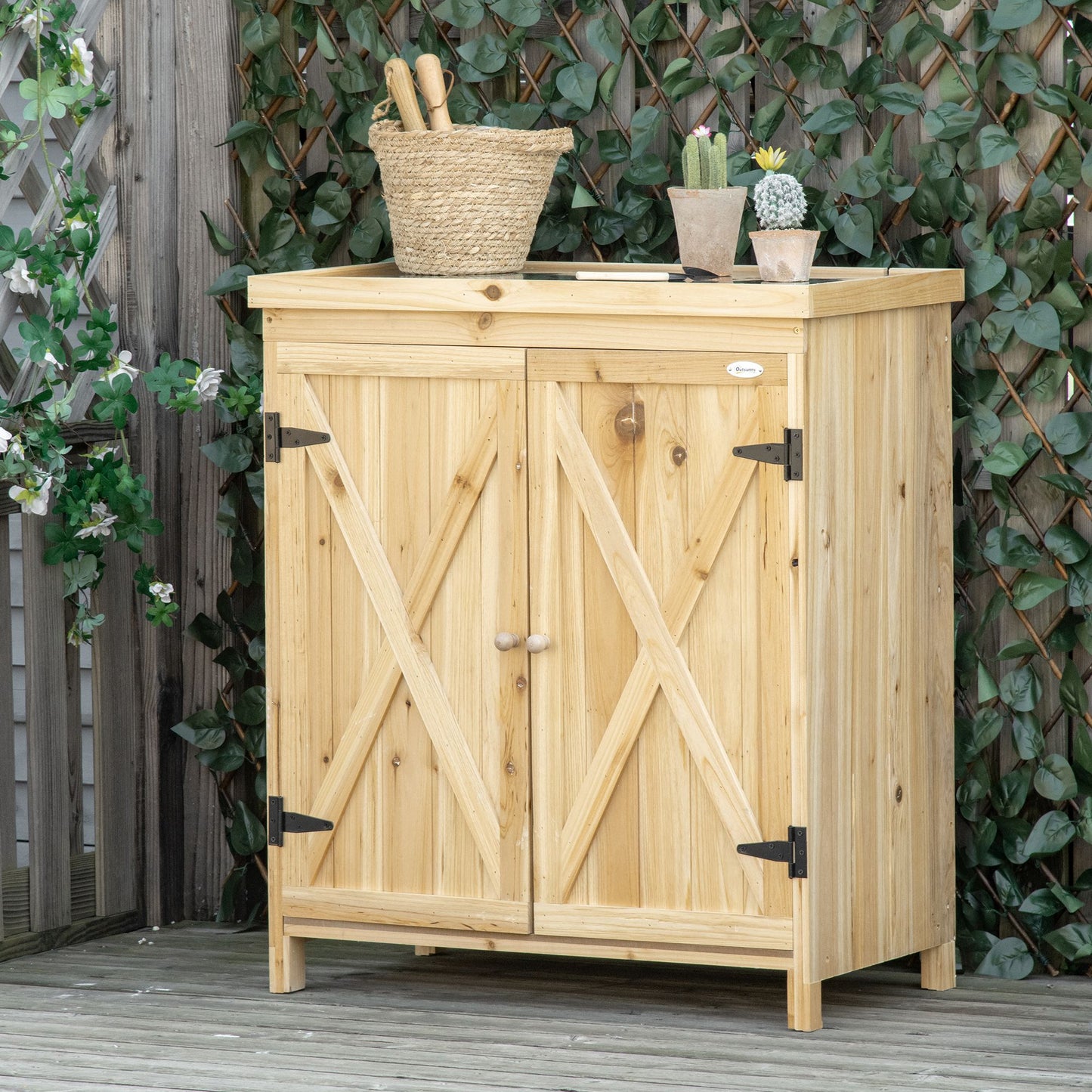 Tuinopbergkast – Tuinkast – Opslagkast – Tuinberging – Buitenberging – Verzinkt Metalen Bovenblad – Natuurlijke Houten Poten 80x45x92 cm