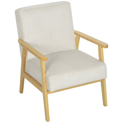Fauteuil – Lounge Stoel – Relaxfauteuil – Accentstoel – Armstoel – Comfortabele Corduroy Bekleding – Stevig Rubberhouten Frame – Crème Wit