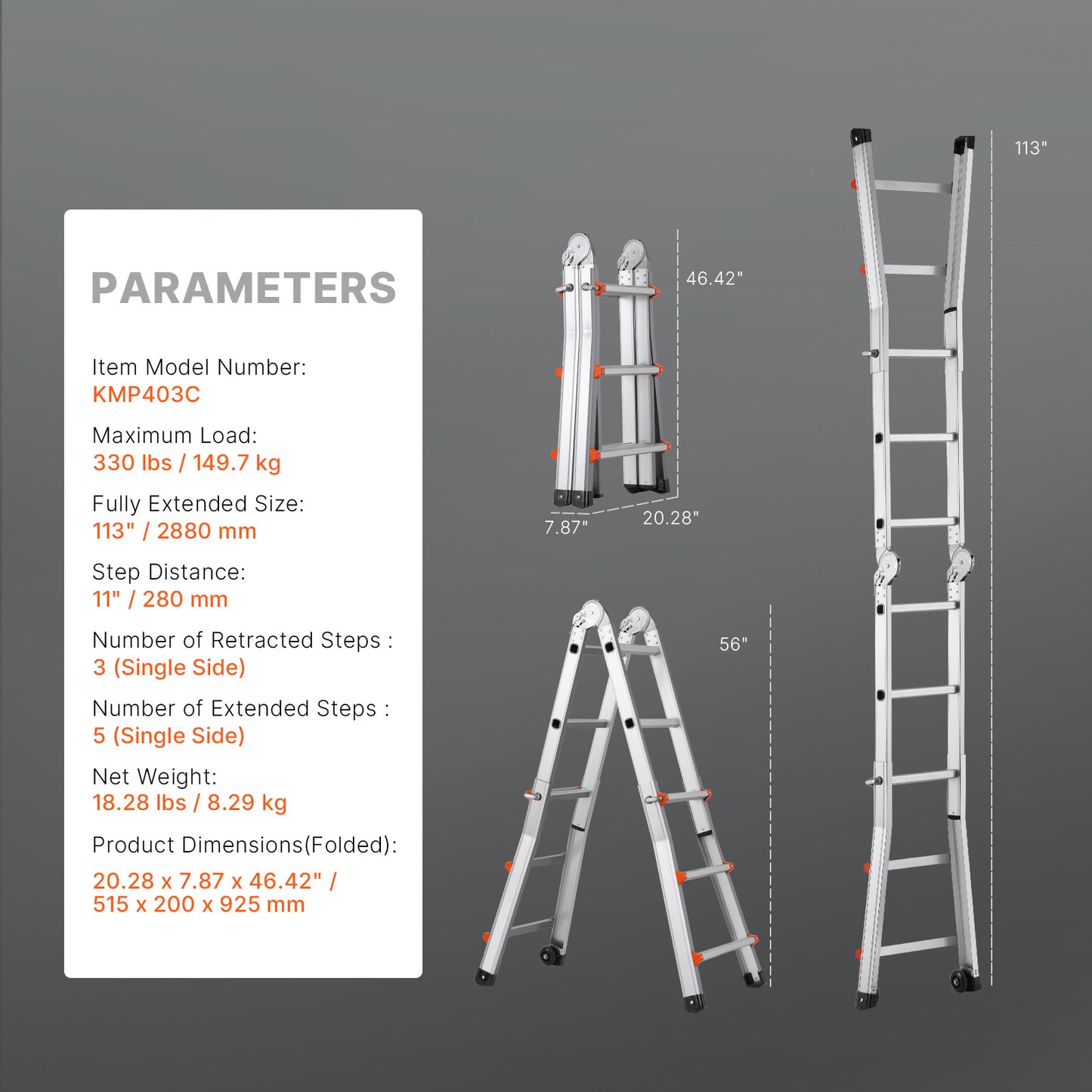 Telescopische A-frame Ladder – Uitschuifladder – Opklapbare Ladder – Multifuntionele Trap – Stevige Aluminium Ladder Zilver – Max Hoogte 2,88 Meter – Geïntegreerde Wieltjes Voor Eenvoudig Transport
