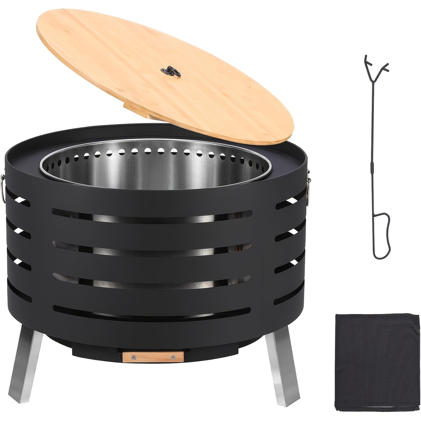 Vuurkorf – Buitenhaard – Vuurschaal – Terrasvuur – Haardkorf – 66 cm Rond – Rookvrij 360° Luchtcirculatiesysteem – Roestvrij Staal Met Accessoires En Beschermhoes