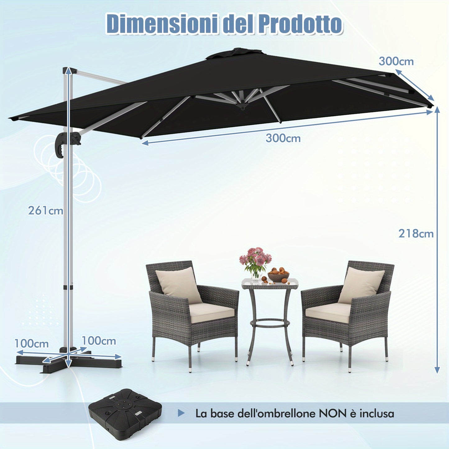 Parasol – Zweefparasol – Tuinparasol – Balkonparasol – Stokparasol – 300 cm – 360° Draaibaar – Aluminium Frame – Scheurbestendig Polyester – Kantelbaar – Met Kruisvoet – Windventilatie