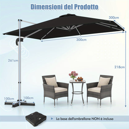 Parasol – Zweefparasol – Tuinparasol – Balkonparasol – Stokparasol – 300 cm – 360° Draaibaar – Aluminium Frame – Scheurbestendig Polyester – Kantelbaar – Met Kruisvoet – Windventilatie