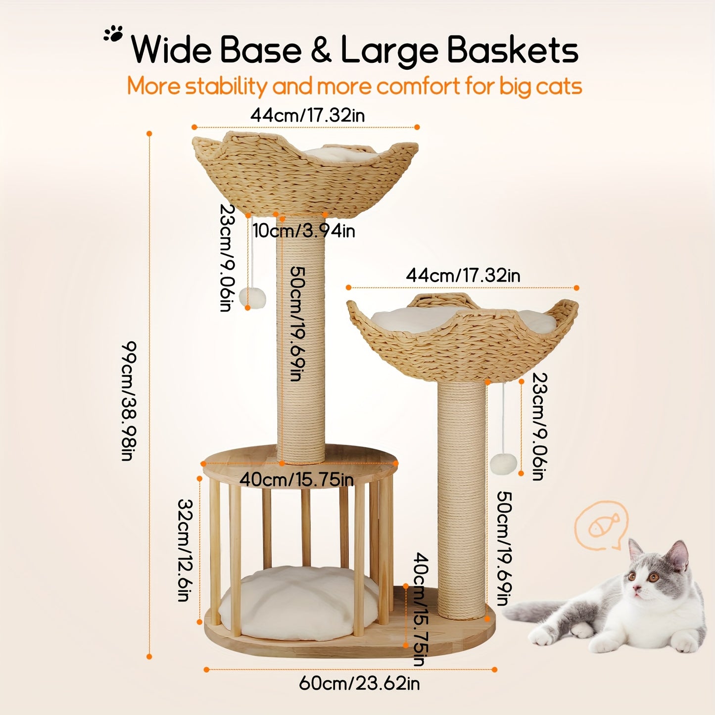 Krabpaal – Kattenboom – Krabmeubel – Kattenhuis – Krabton – 99 cm Hoog – Natuurlijk Hout en Sisal