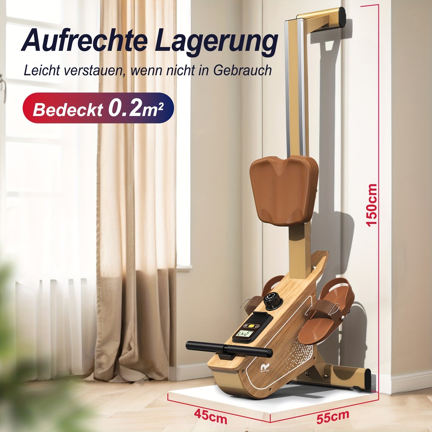 Roeitrainer – Roeimachine – Roeiapparaat – Fitnessapparaat – Waterroeier – Magnetische Weerstand – Draagvermogen 150 kg – Draadloze Monitor – Compact – Verticale Opslag