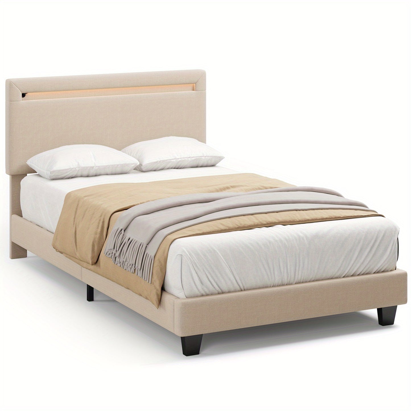 Bedframe – Gestoffeerd Bed – Eenpersoonsbed – Tweepersoonsbed – Boxspringbed – Modern Ontwerp – 90x200 cm – Gevoerd Hoofdbord – Stevig & Eenvoudig Montage