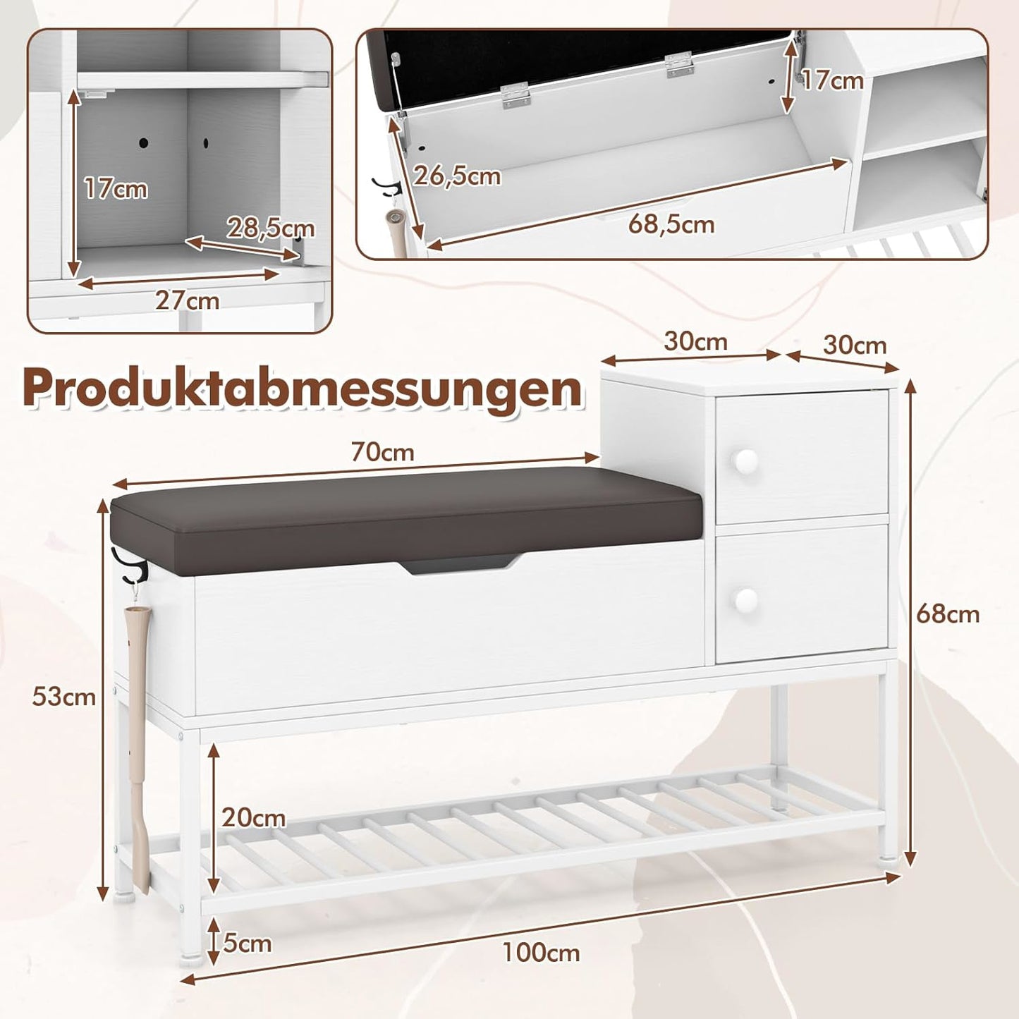 Schoenenbank – Schoenopbergmeubel – Halbank – Schoenenrek – Opbergbank – Inklapbaar Deksel – PVC Zitkussen – Metalen Schoenenrek – Wit + Grijs