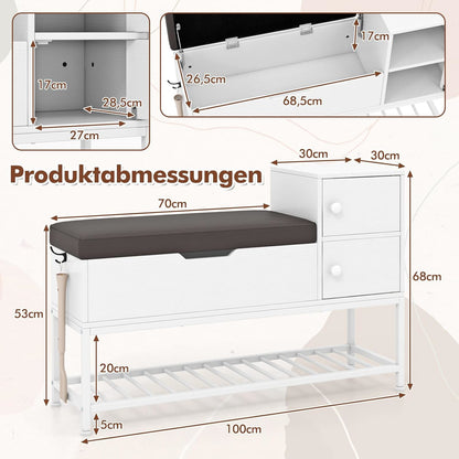 Schoenenbank – Schoenopbergmeubel – Halbank – Schoenenrek – Opbergbank – Inklapbaar Deksel – PVC Zitkussen – Metalen Schoenenrek – Wit + Grijs