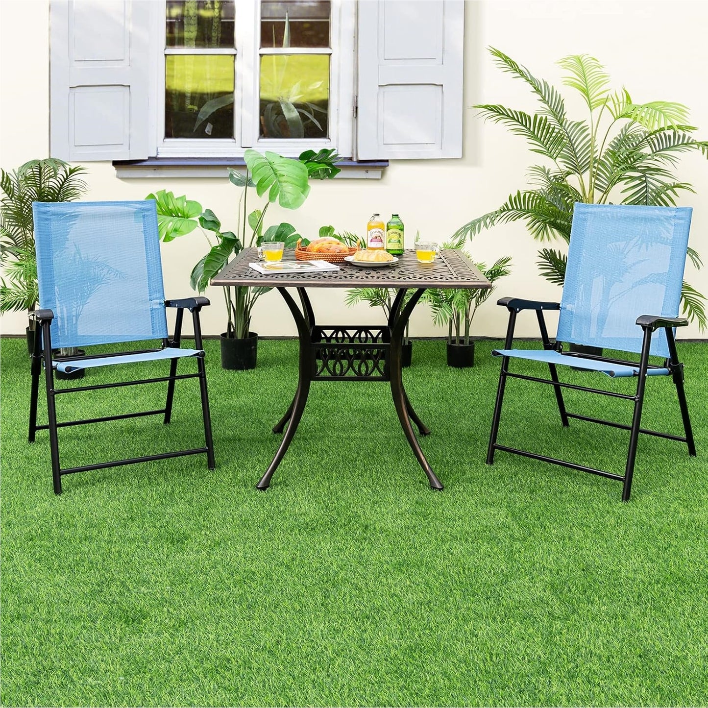 Tuinstoel – Klapstoel – Balkonstoel – Terrasstoel – Tuinstoelen Set – Weerbestendig – Inklapbaar Met Armleuningen – Metalen Frame – Blauw – Lichtgewicht