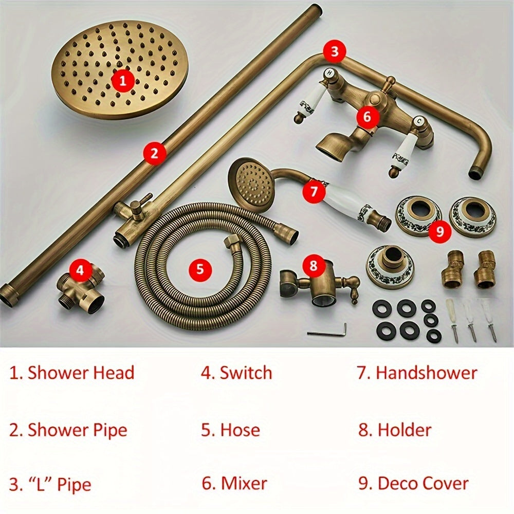 Buitendouche – Tuindouche – Regendouche – Douchekraan – Baduitloop – Antiek Messing – Regendouchekop 20,32 cm – Duurzaam Metalen Materiaal