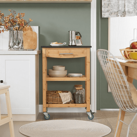 Serveerwagen – Keukentrolley – Rollende Kar – Serveertrolley – Keukenwagen – Bamboe Materiaal – Granieten Werkblad – 58x85x40 cm