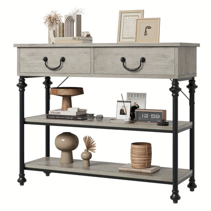 Sidetable – Console Tafel – Haltafel – Sofa Tafel – Opbergmeubel – Smal Ontwerp – 2 Lades & Open Planken – Metalen Frame & Houten Blad – Grijs