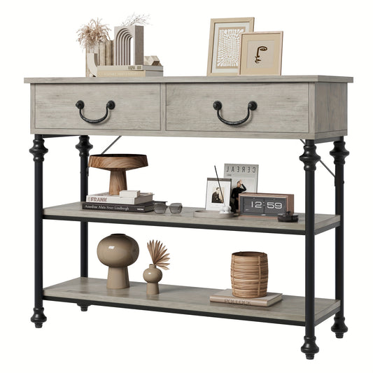 Sidetable – Console Tafel – Haltafel – Sofa Tafel – Opbergmeubel – Smal Ontwerp – 2 Lades & Open Planken – Metalen Frame & Houten Blad – Grijs