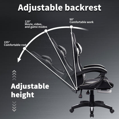 Gamingstoel – Gamestoel – Gaming Chair – Game Stoel – Bureaustoel – Ergonomisch – Met Voetensteun & Lendensteun – Zwart-Wit