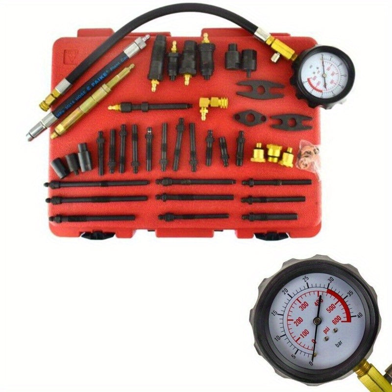 Compressietester – Drukmeter – Motorcompressietester – Cilinderdruktester – Testset – Geschikt Voor Benzine En Diesel – Meet Tot 40 BAR / 600 PSI – Inclusief Diverse Adapters – Met Opbergcase – Rood