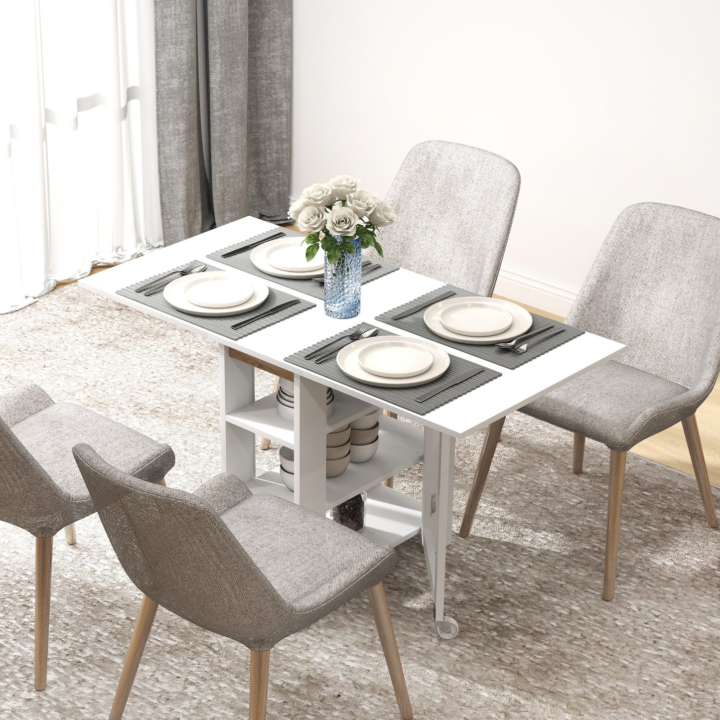 Opvouwbare Eettafel – Klaptafel – Keukentafel – Wieltjes Trolley – Inklapbare Tafel – Moderne Compacte Ontwerp – 120x60x75 cm – Met 2 Uitklapbare Bladen & 3 Planken – Wit