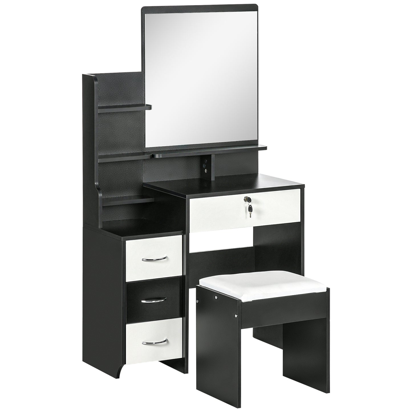 Make-up tafel – Kaptafel – Visagie tafel – Make-up meubel – Schminktafel – Grote spiegel – 4 lades en meerdere planken – Comfortabele gestoffeerde kruk – Zwart wit design