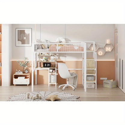 Hochslaper 140x200 – Hoogslaper – Halfhoogslaper – Stapelbed – Kinderbed – Met Veiligheidsrail – Met Metalen Frame – Inclusief Kledingkast en Bureau – Wit – Compact en Ruimtelijk