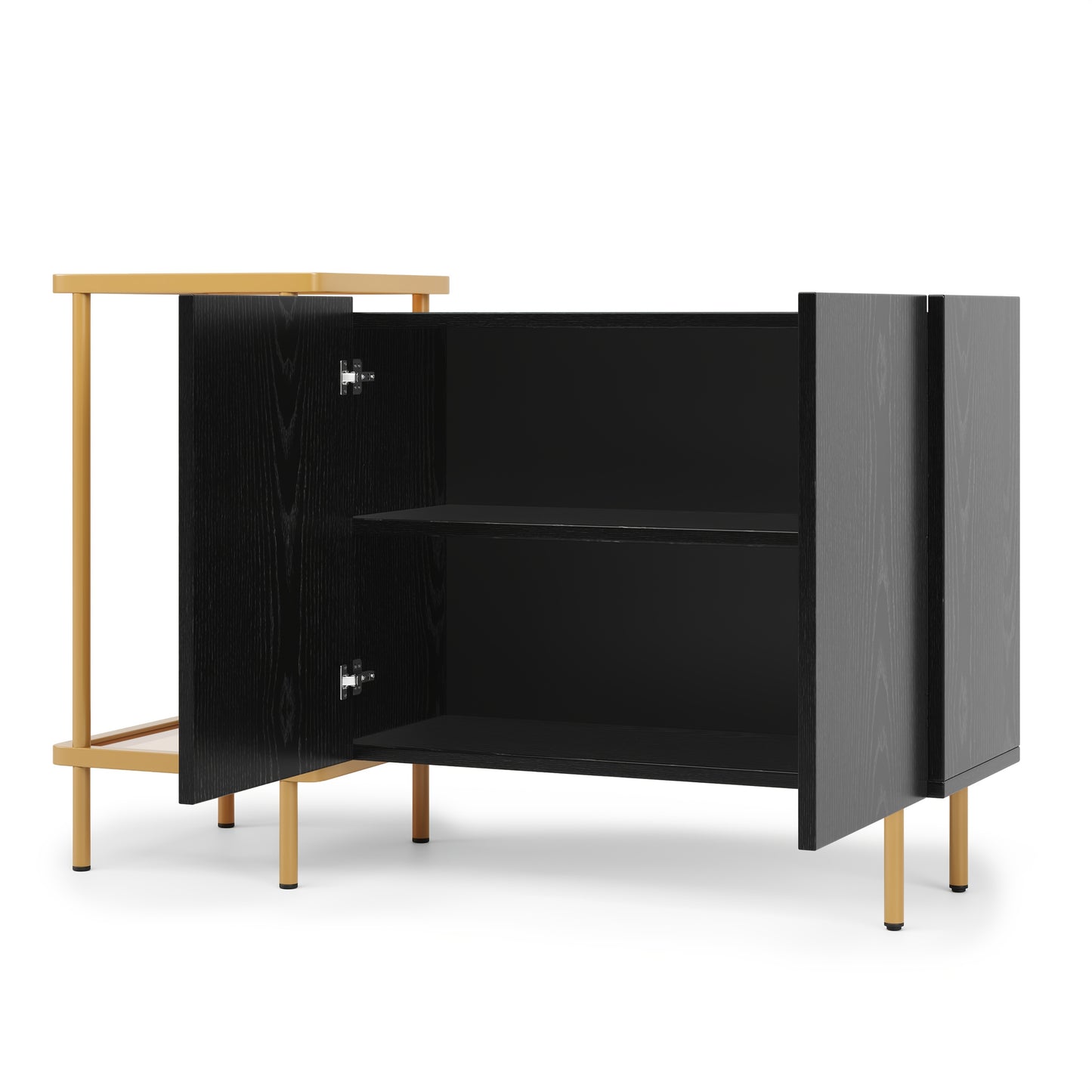 Modern White & Black Metal Sideboard with Glass Doors & Open Shelves - 2-Door Contemporary Storage Cabinet, Space-Saving Design for Small Spaces, 120x40x77.5cm, Durable Metal Construction, Ideal for Living Room, Entryway, Hal