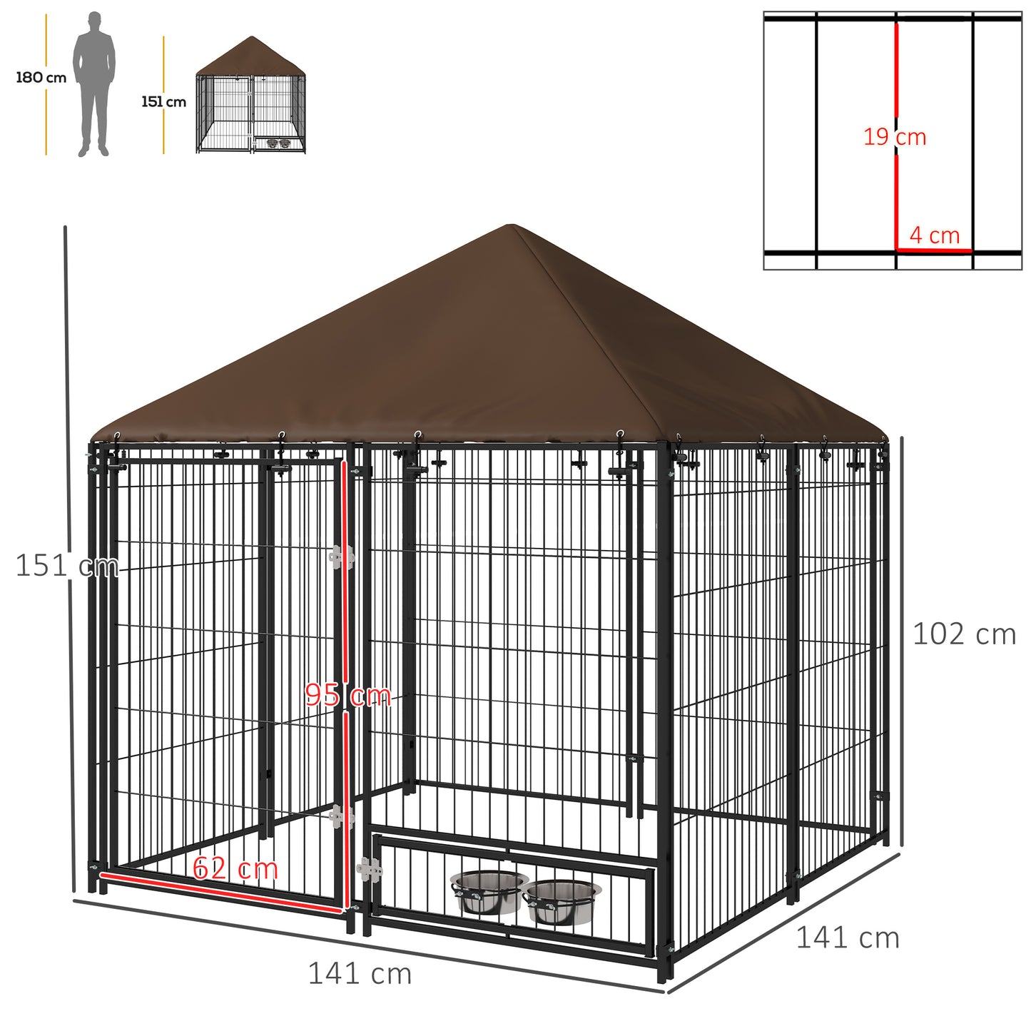 Hondenkennel – Hondenren – Hondenhok – Hondenkooi – Buitenkennel – Metalen Frame – Waterdicht Oxford Dak – 141x141x151 cm – Met Voerbakhouder