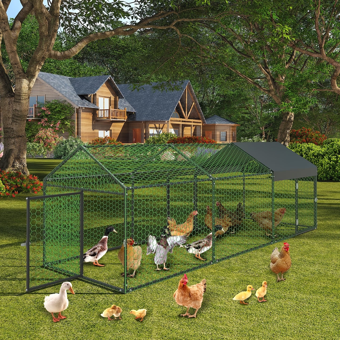 Extra Large Heavy-Duty Metal Chicken Coop with Waterproof UV-Resistant Roof - Extra Long 3.05meter (3.05meter) Run, Walk-In Door & Internal Partition - Spacious 101.6cmWx101.6cmH Poultry Cage for Chickens, Ducks, Geese, Rabbi