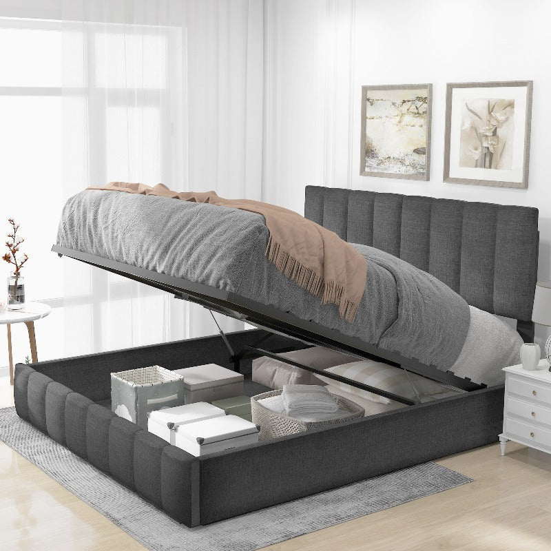 Bedframe – Tweepersoonsbed – Boxspring – Opbergbed – Slaapbank – Hydraulisch Verstelbaar Hoofdeinde – Metalen Frame – 140x200 cm – Grijze Linnen Bekleding – Opberglades – Eenvoudige Montage – Zonder Elektriciteit