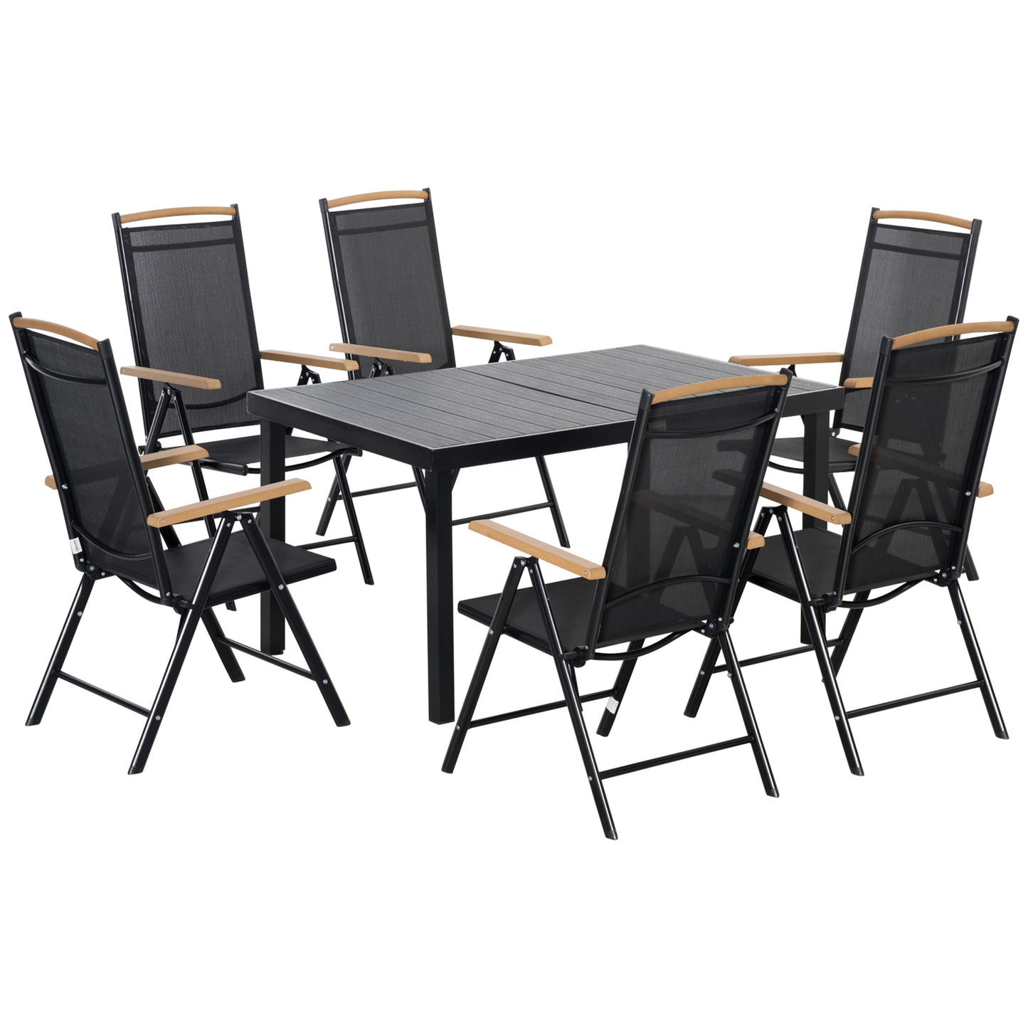 Tuinset 6 Personen – Tuinmeubelset – Buitenmeubelen – Terrasset – Balkonset – Verstelbare Rugleuningen – Duurzaam Aluminium Frame – Houtlook Tafelblad – Inklapbare Stoelen – Zwart