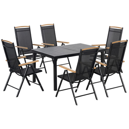 Tuinset 6 Personen – Tuinmeubelset – Buitenmeubelen – Terrasset – Balkonset – Verstelbare Rugleuningen – Duurzaam Aluminium Frame – Houtlook Tafelblad – Inklapbare Stoelen – Zwart