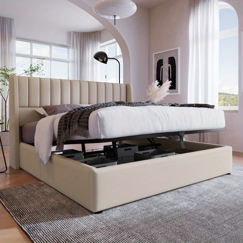 Opbergbed – Opbergbed Met Hydraulische Lift – Bed Met Opbergruimte – Gestoffeerd Bed – Slaapbed – 180x200 cm – Stevig Metalen Frame – Beige Linnen Bekleding