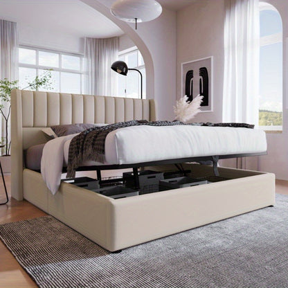 Opbergbed – Opbergbed Met Hydraulische Lift – Bed Met Opbergruimte – Gestoffeerd Bed – Slaapbed – 180x200 cm – Stevig Metalen Frame – Beige Linnen Bekleding