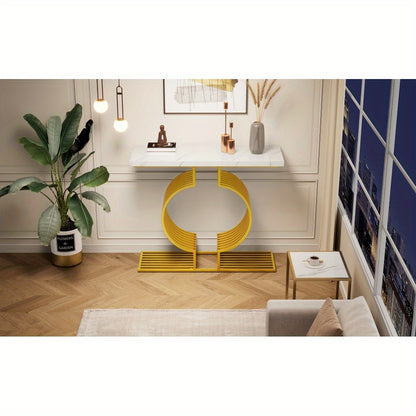 Salontafel – Bijzettafel – Koffietafel – Banktafel – Woonkamertafel – Modern Minimalistisch – Wit Hoogglans Tafelblad – Gouden Metalen Voet – Compact 100x35x80 cm