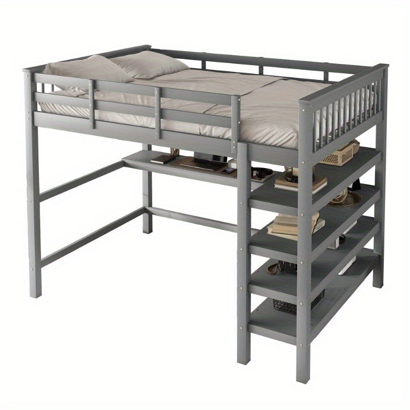 Hoogslaper – Stapelbed – Bed met Opbergruimte – Bedbank – Studentenkamerbed – 140x200 cm – Met Bureau en Metalen Frame – Grijs