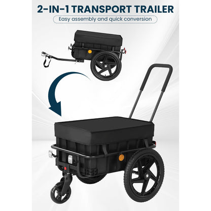 2-in-1 Bike Cargo Trailer, Bicycle Trailer, Hand Cart with Push Bar, Iron Frame with 40cm Air Tires, 40kg Load Capacity, Black, Outdoor Hauling, Cargo Transport, Compact Design, Lightweight Trailer, Reinforced Build, Bike Hau