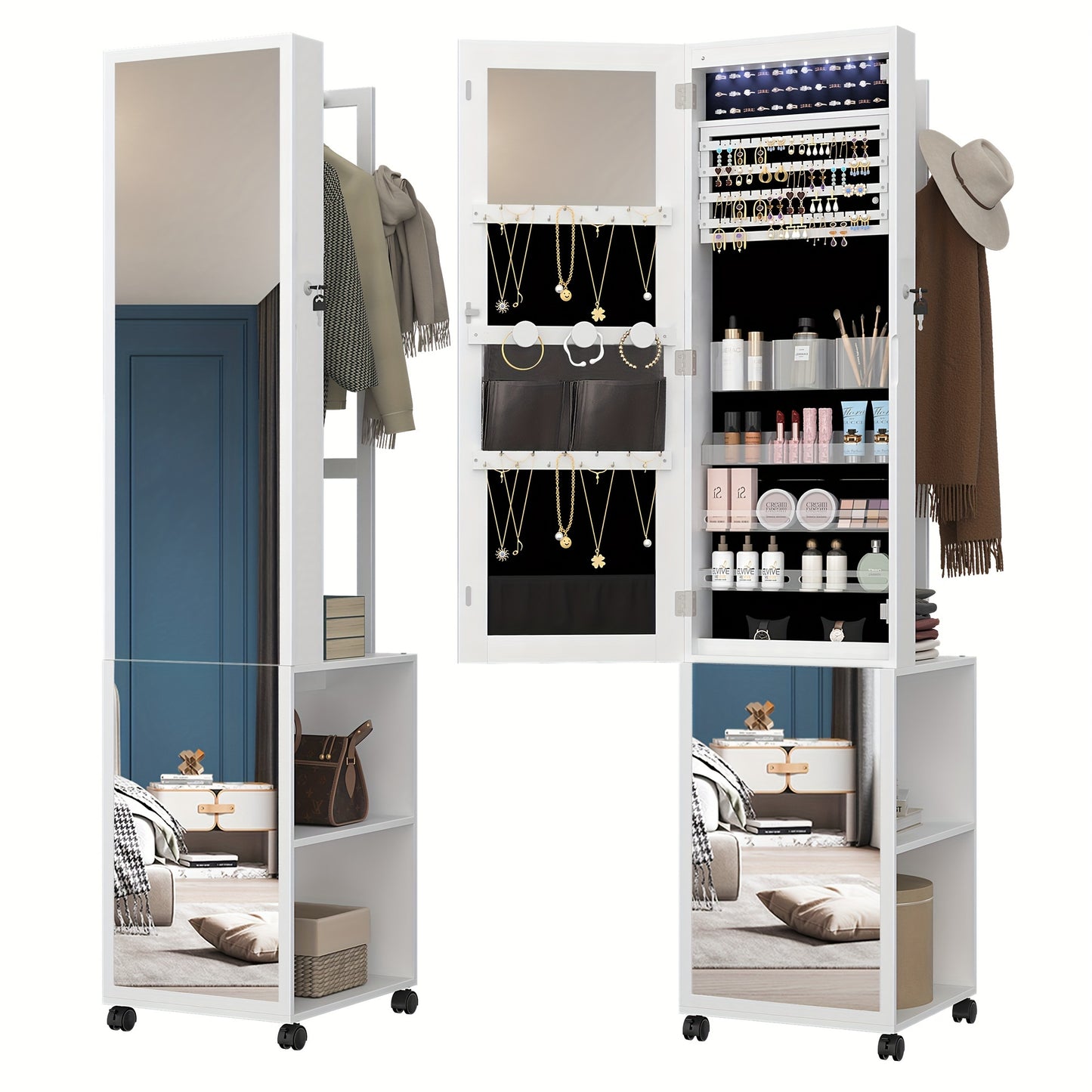 Sieradenkast – Sieraden Organizer – Sieradenrek – Make-up Opbergkast – Accessoireskast – Met 5-in-1 Functie – Afsluitbare Spiegelkast Met LED-Verlichting – 164,6 cm Hoog – Witte MDF Met Wieltjes