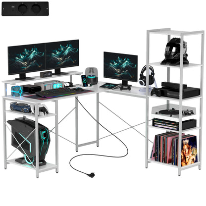L-vormig Bureau – Hoekbureau – Computertafel – Werkplek Bureau – Laptoptafel – Wit Design – Ingebouwd Oplaadstation – Verhoogde Monitorstandaard