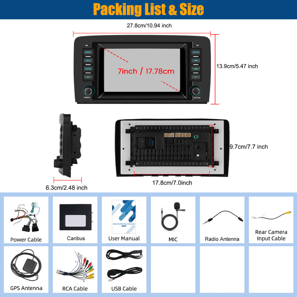 PODOFO [2G+64G] Android 15 7-inch for Mercedes Benz R Class W251 R280 R300 R320 R350 R63 2005-2017, Wireless Carplay/ Android Auto, Android EQ AI DSP/ GPS/ WiFi/ B/ T5.0/ FM/ Mirror Link+Mic, Merry Christmas Gifts, Black Frid
