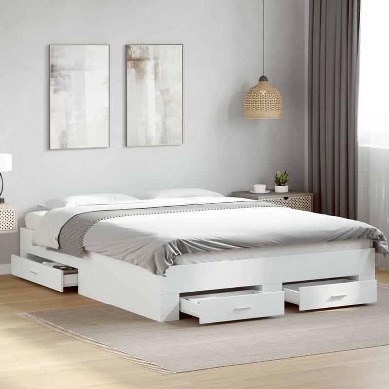 Bedkast – Bedframe – Bedombouw – Bedlade – Opbergbed – Wit – 160x200 cm – Massief Hout – Met Opbergladen