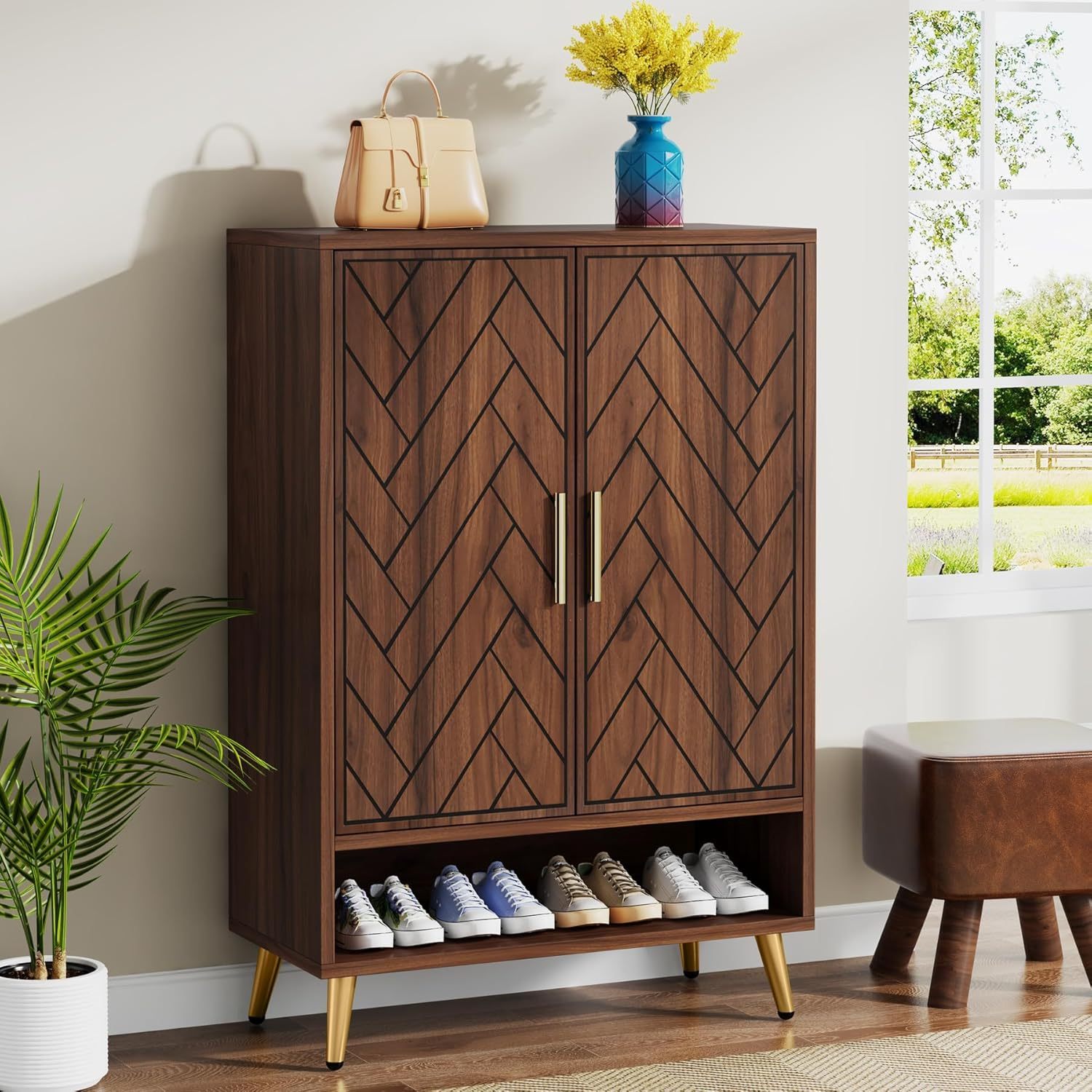 Schoenenkast – Schoenenrek – Schoenenopberger – Halkast – Schoenenbank – 6 Lagen – Hout Met Walnoot – Verstelbare Planken – 24 Paar Schoenen – Gouden Poten - QUORE