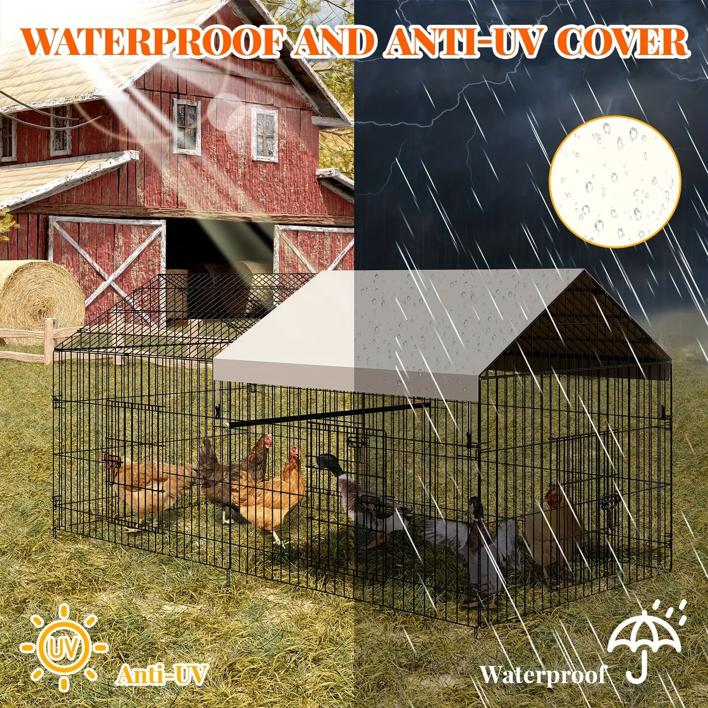 Heavy Duty Metal Chicken Coop 218.44cm x 101.6cm x 101.6cm Walk-In Poultry Cage with 4 Doors, Waterproof UV-Resistant Cover & -Proof Lock - Large Outdoor Barn for Ducks, Rabbits, Chickens - Spacious Run for 8-10 Hens, Easy As