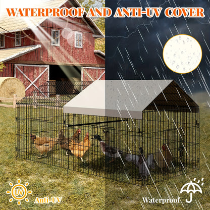 Heavy Duty Metal Chicken Coop 218.44cm x 101.6cm x 101.6cm Walk-In Poultry Cage with 4 Doors, Waterproof UV-Resistant Cover & -Proof Lock - Large Outdoor Barn for Ducks, Rabbits, Chickens - Spacious Run for 8-10 Hens, Easy As